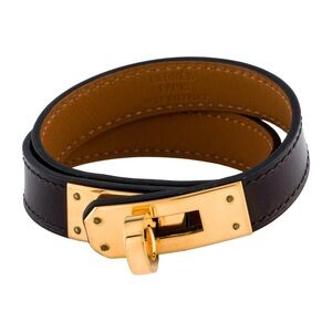 Hermès Kelly Double Tour Bracelet Calfskin Box Calf Leather Black Gold Hermes